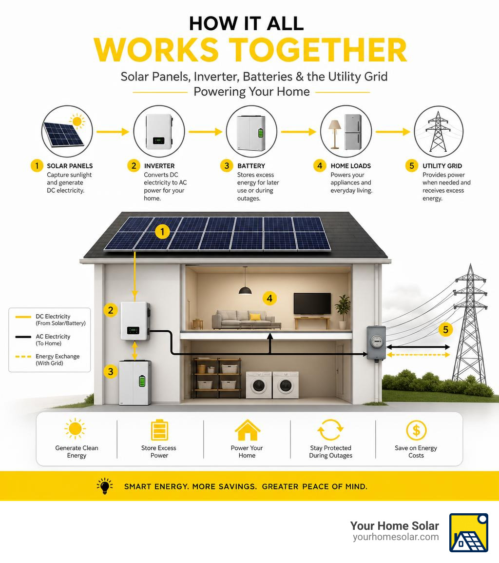 How solar panels, inverters, batteries, and the utility grid work together in a home energy system infographic How solar panels, inverters, batteries, and the utility grid work together in a home energy system infographic