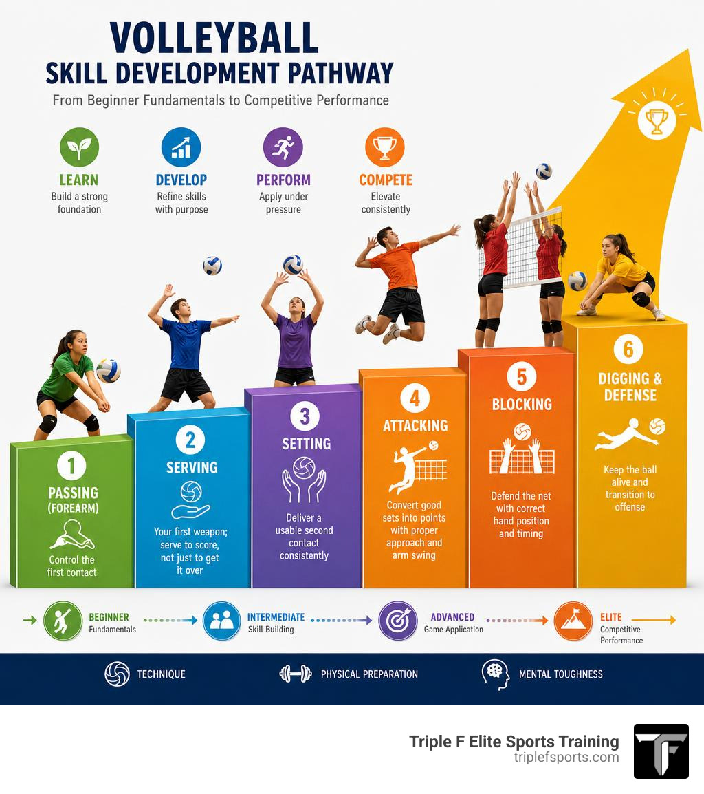 Volleyball skill development pathway from beginner fundamentals to competitive performance infographic Volleyball skill development pathway from beginner fundamentals to competitive performance infographic