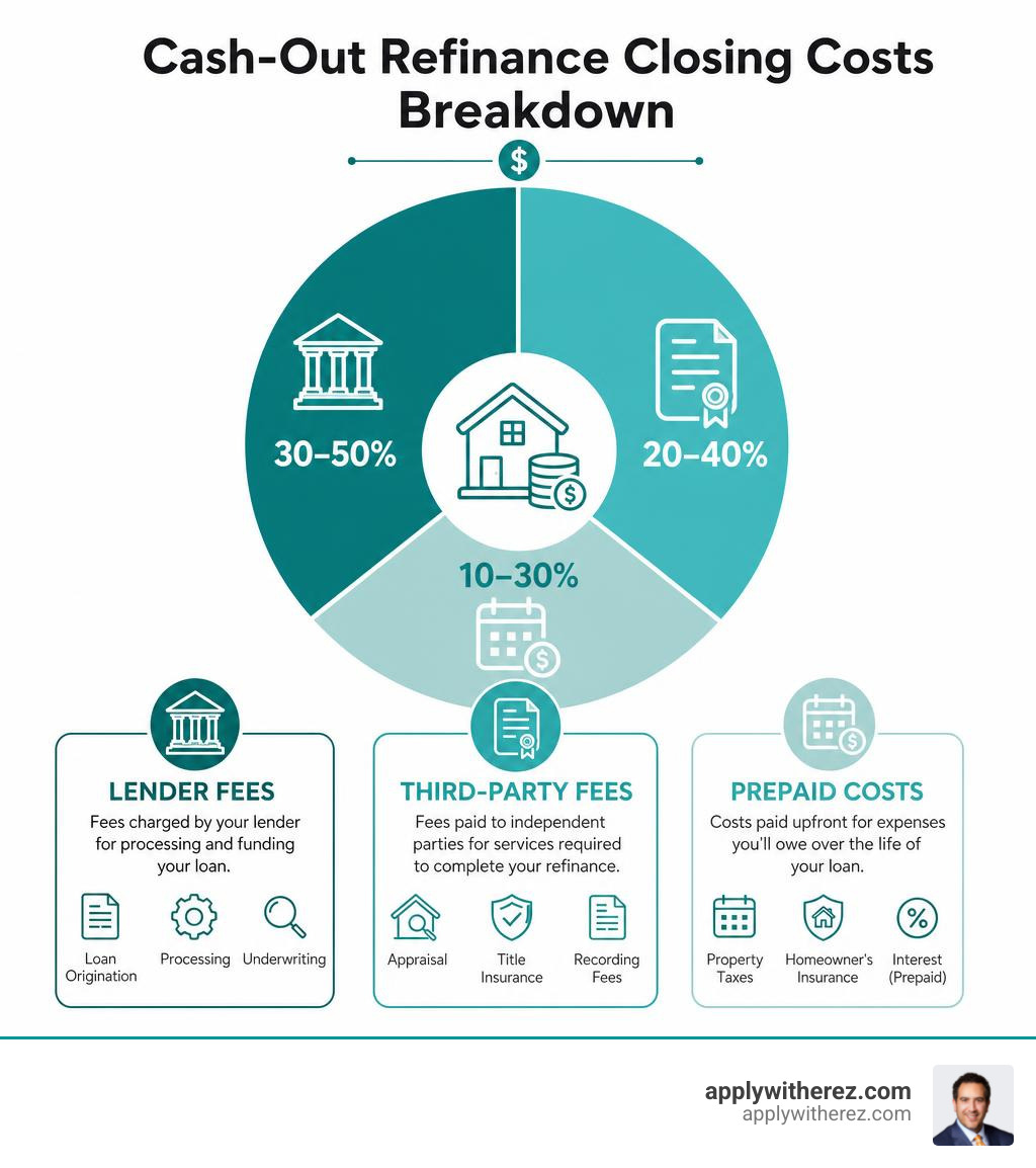 infographic showing breakdown of cash-out refinance closing costs by category: lender fees, third-party fees, prepaid costs