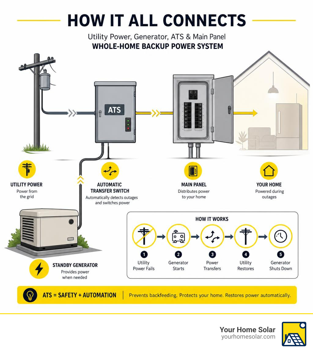 How utility power, generator, ATS, and main panel connect in a whole-home backup system infographic How utility power, generator, ATS, and main panel connect in a whole-home backup system infographic
