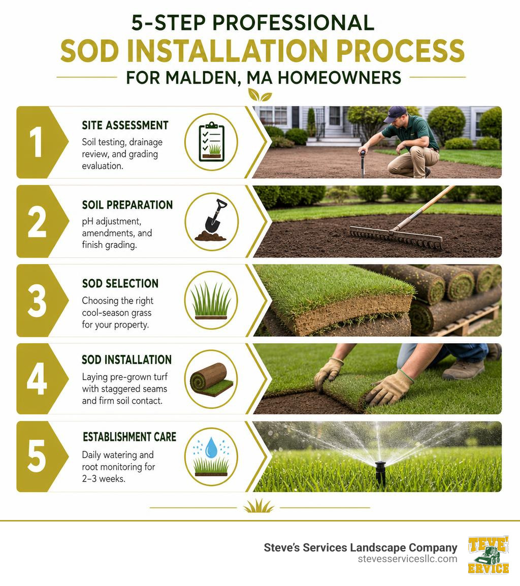 5-step professional sod installation process infographic for Malden MA homeowners infographic
