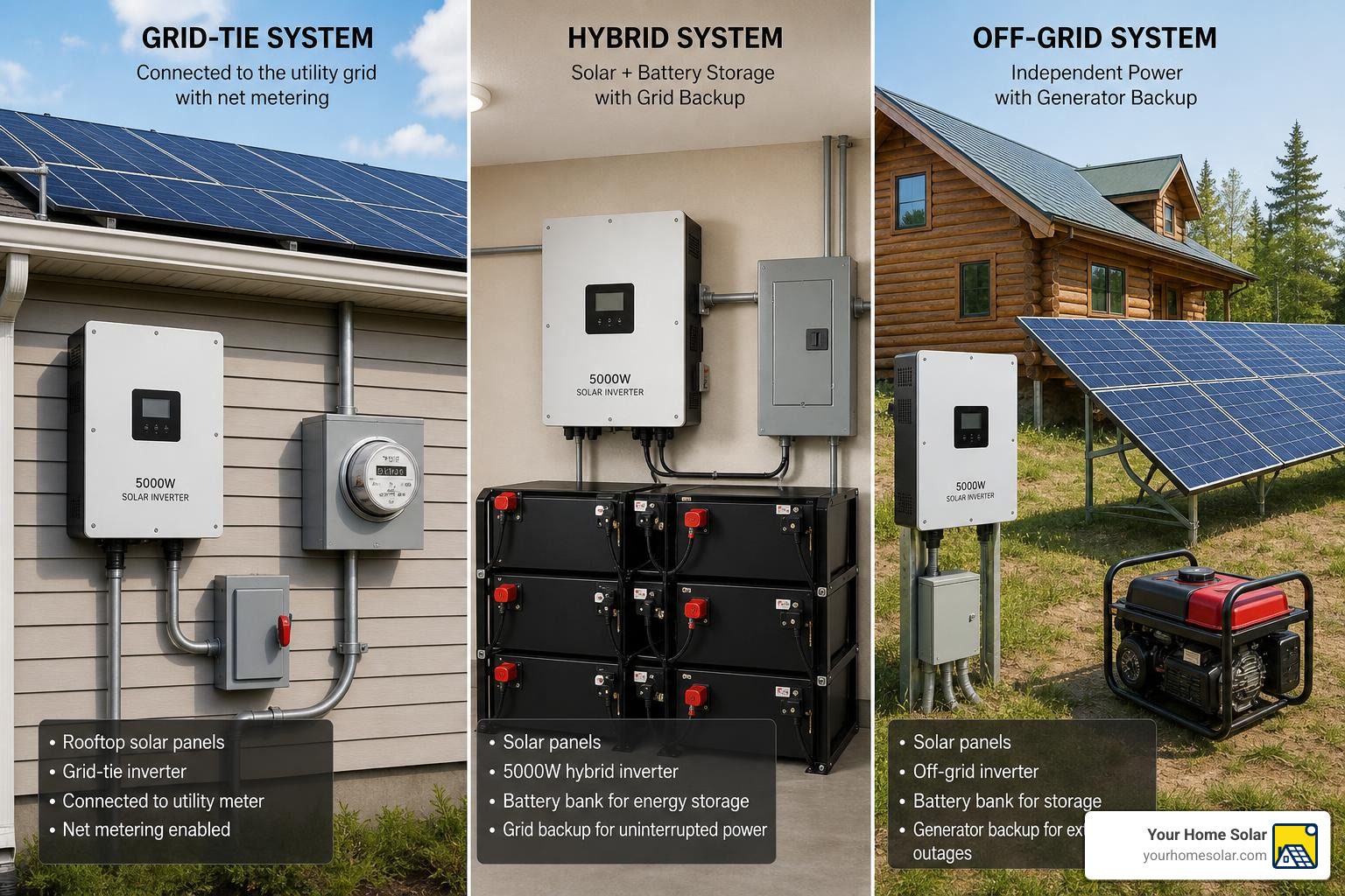 Grid tie hybrid and off grid 5000W solar inverter system layouts Grid tie hybrid and off grid 5000W solar inverter system layouts