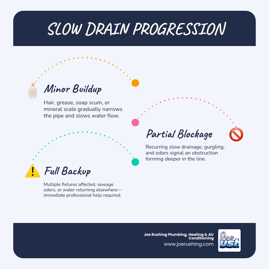 Infographic showing slow drain progression stages from buildup to full backup with warning signs at each level infographic Infographic showing slow drain progression stages from buildup to full backup with warning signs at each level infographic