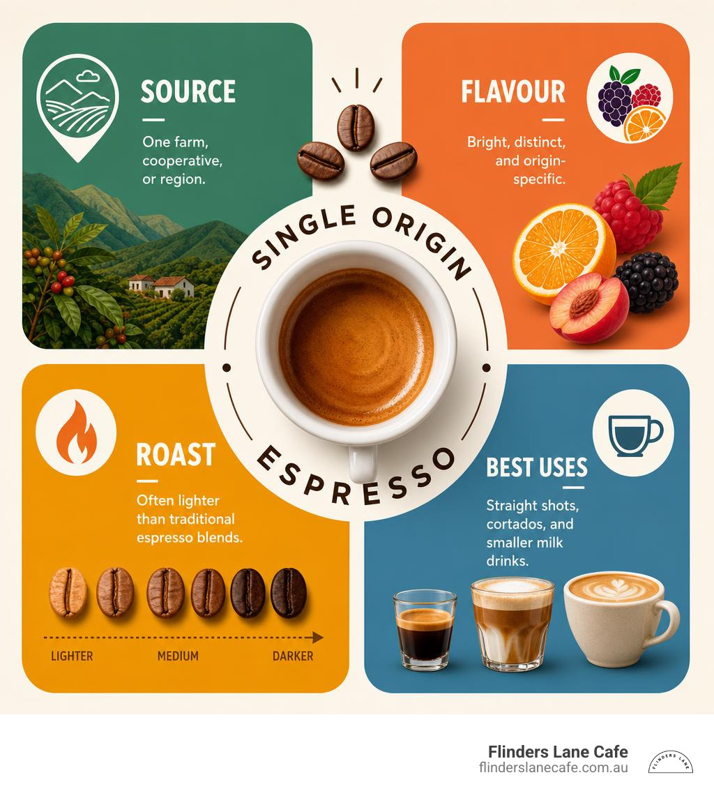 A comprehensive guide breakdown explaining the characteristics of single origin espresso, highlighting its origin-specific notes, roasting level, and best uses in straight shots and cortados.