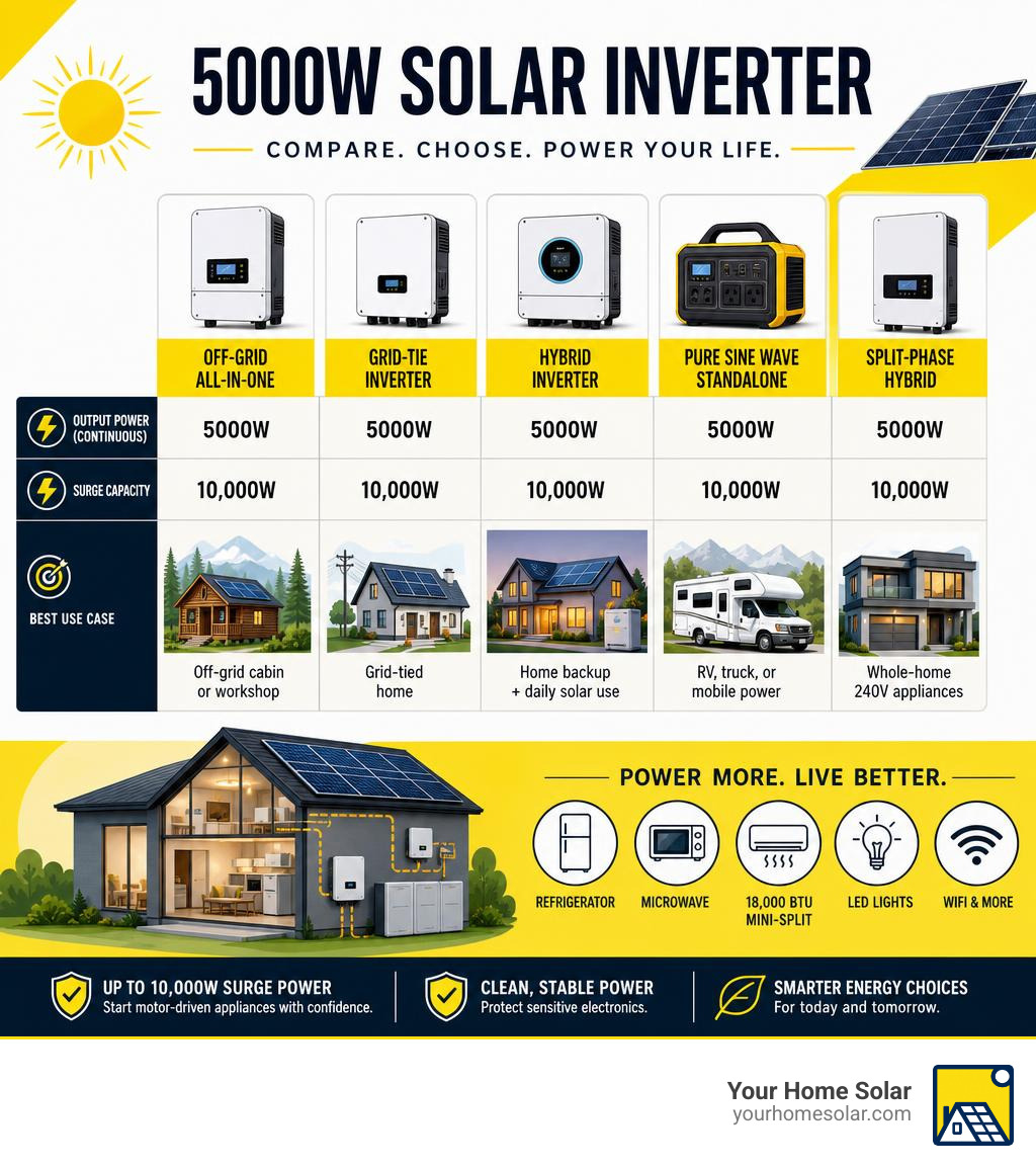 Infographic comparing 5000W solar inverter types, output power, surge capacity, and best use cases infographic Infographic comparing 5000W solar inverter types, output power, surge capacity, and best use cases infographic