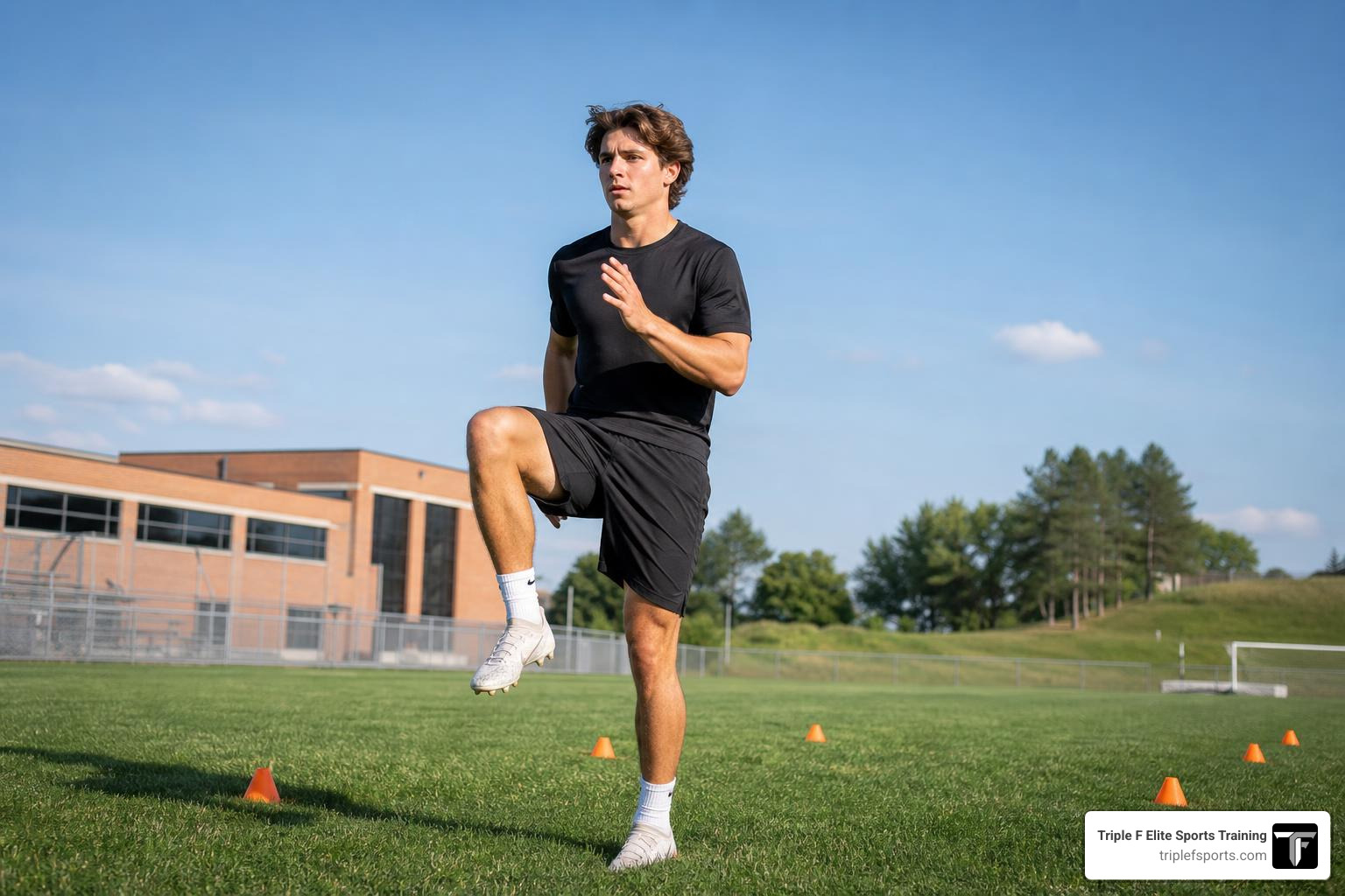 athlete doing dynamic warm-up skips before cone drills athlete doing dynamic warm-up skips before cone drills