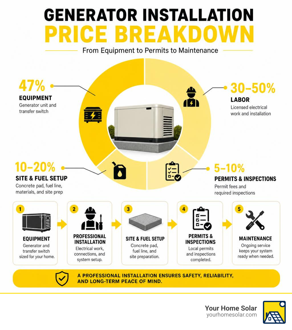 Infographic showing generator installation price breakdown from equipment to permits to maintenance infographic Infographic showing generator installation price breakdown from equipment to permits to maintenance infographic