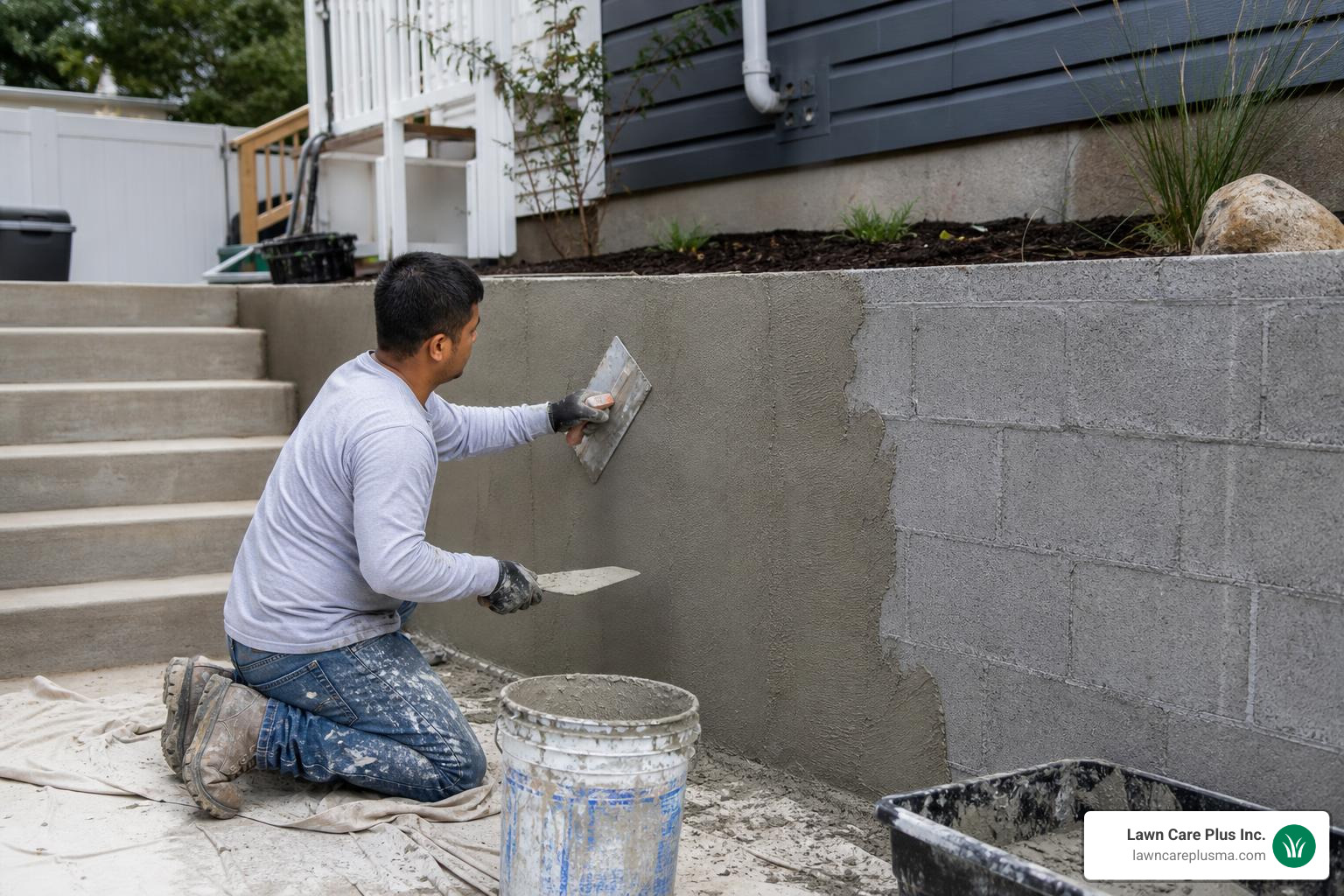 applying stucco skim coat to concrete block retaining wall