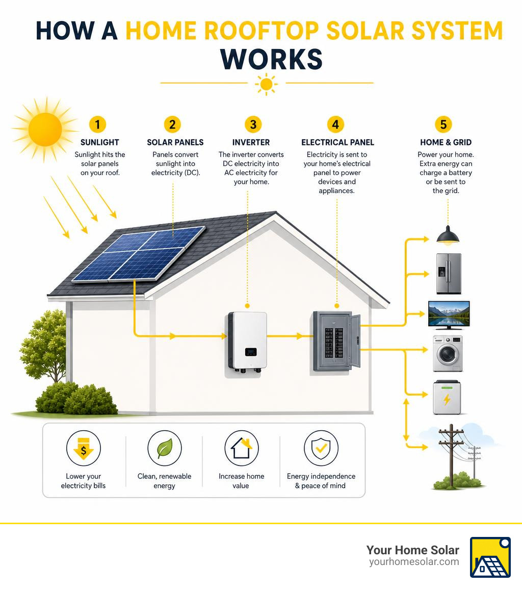 Infographic showing how a home rooftop solar system works from sunlight to home electricity infographic Infographic showing how a home rooftop solar system works from sunlight to home electricity infographic