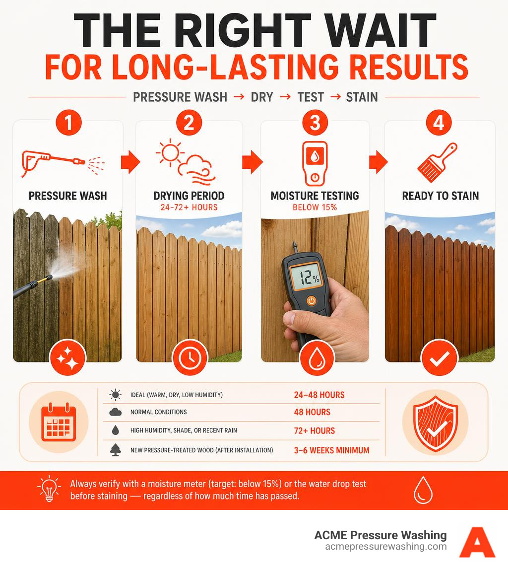 Infographic: pressure washing fence → drying period → moisture testing → ready to stain timeline infographic