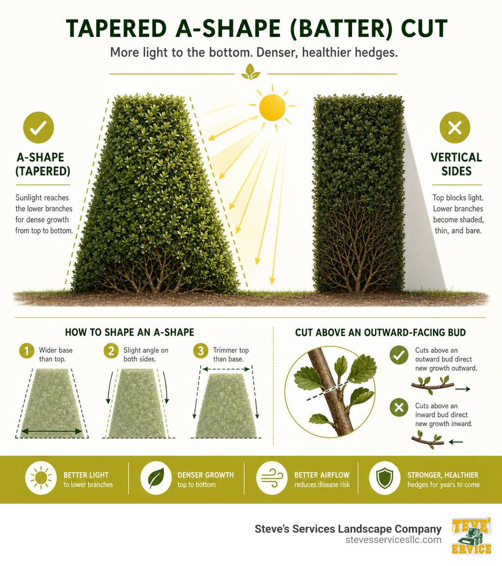 Infographic showing the tapered A-shape batter cutting technique to ensure light reaches the bottom of the hedge infographic