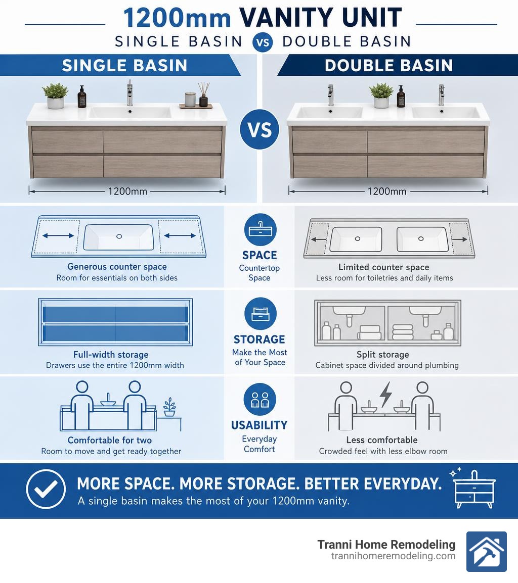 Infographic comparing single basin vs double basin in a 1200mm vanity unit — space, storage, and usability infographic Infographic comparing single basin vs double basin in a 1200mm vanity unit — space, storage, and usability infographic