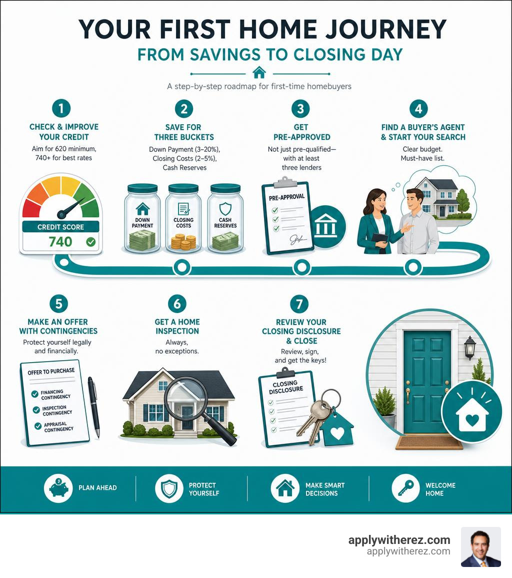 Step-by-step first-time homebuying journey from savings to closing day infographic infographic Step-by-step first-time homebuying journey from savings to closing day infographic infographic