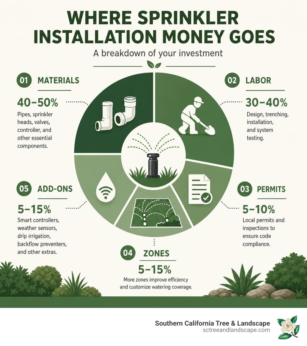 Infographic showing where sprinkler installation money goes: materials, labor, permits, zones, and add-ons infographic