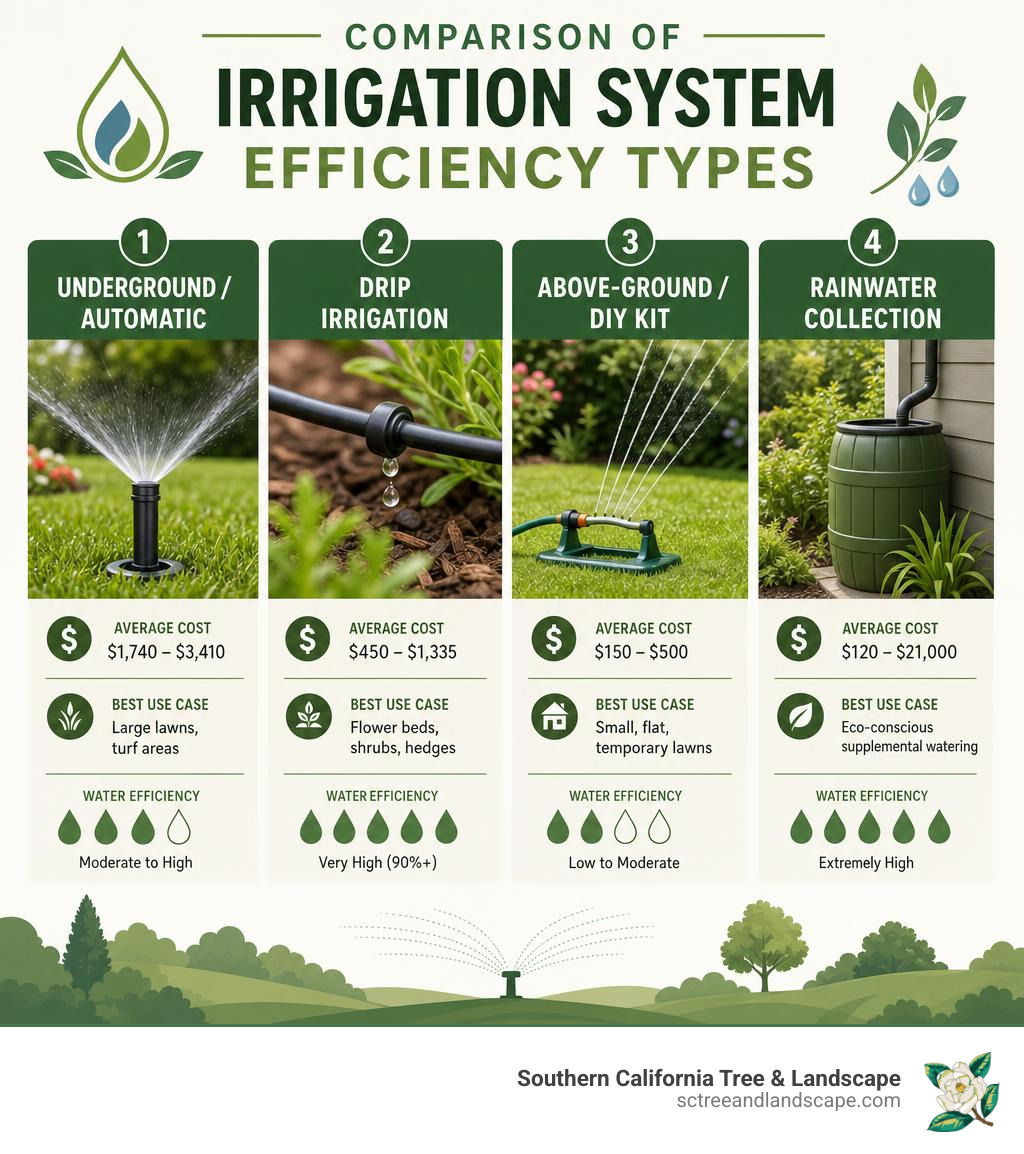 Comparison of irrigation system efficiency types infographic
