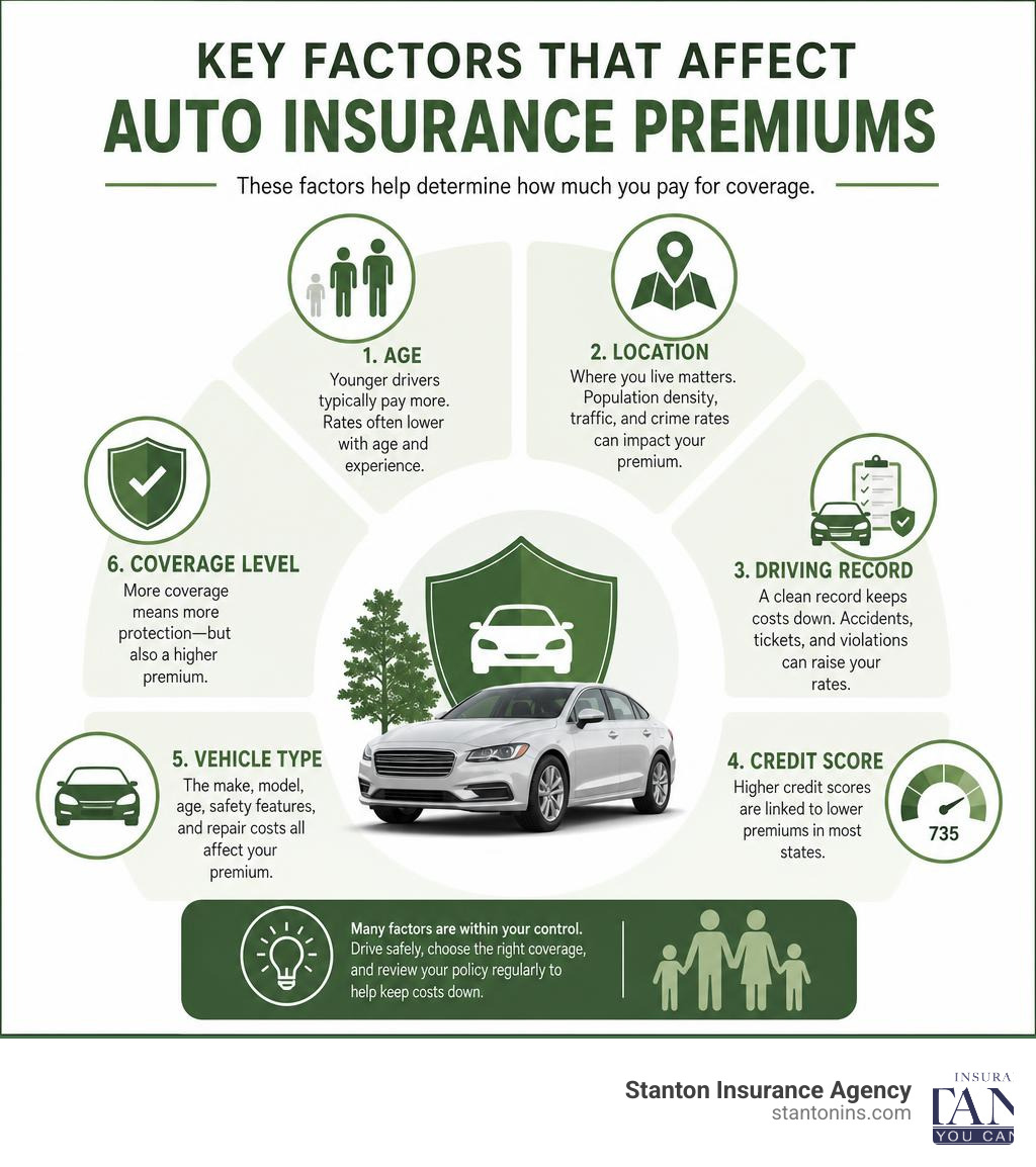 Infographic showing key factors that affect auto insurance premiums including age, location, driving record, credit score Infographic showing key factors that affect auto insurance premiums including age, location, driving record, credit score