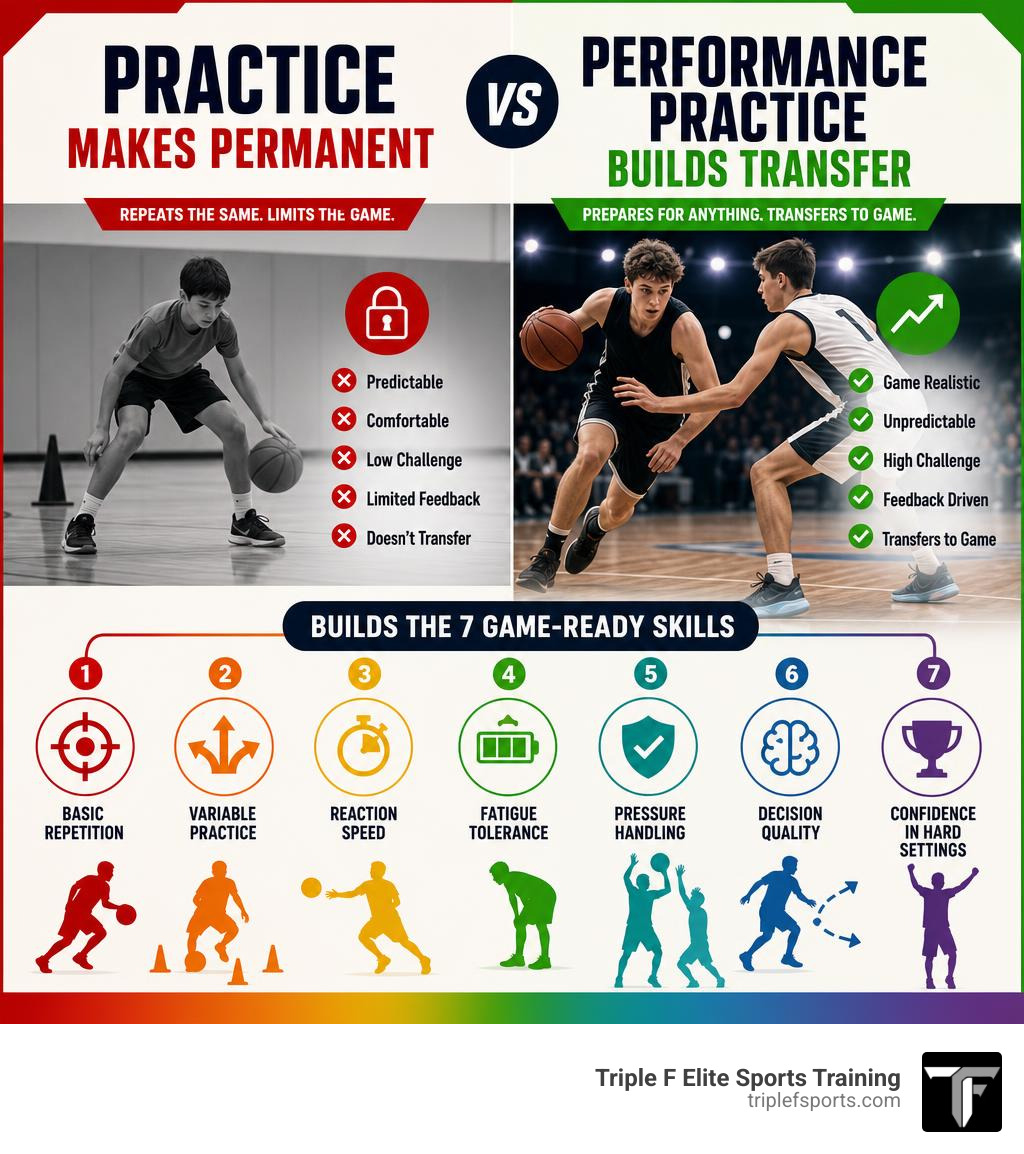Practice makes permanent versus Performance Practice builds transfer infographic Practice makes permanent versus Performance Practice builds transfer infographic