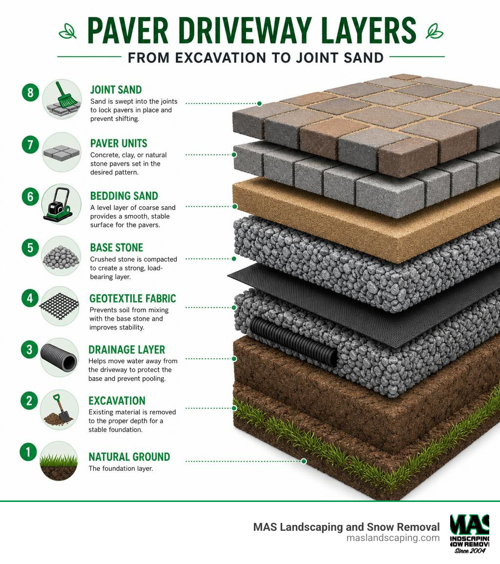 Paver driveway layers from excavation to joint sand infographic infographic