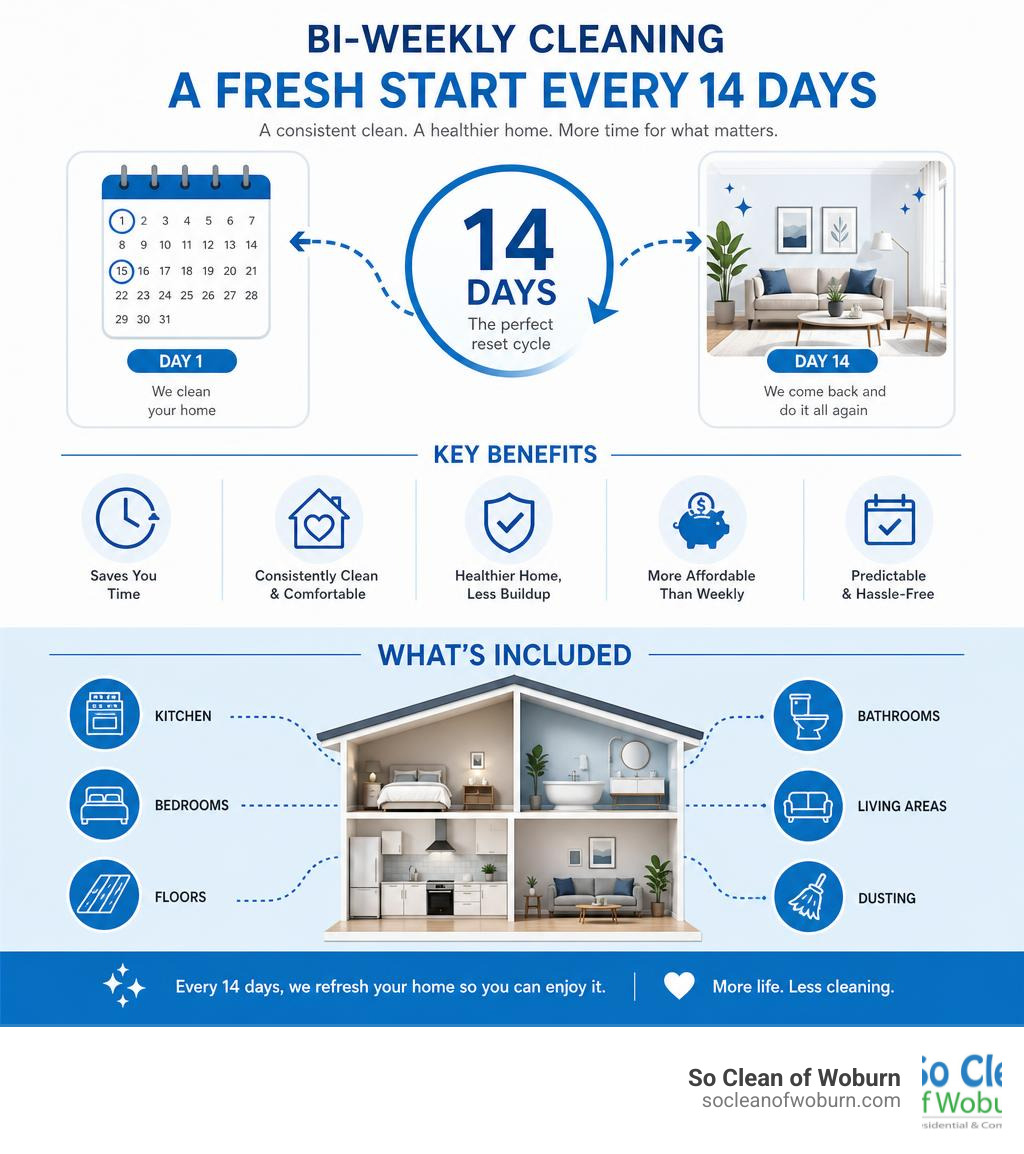 Infographic showing how bi-weekly cleaning resets a home every 14 days with key benefits and inclusions infographic Infographic showing how bi-weekly cleaning resets a home every 14 days with key benefits and inclusions infographic
