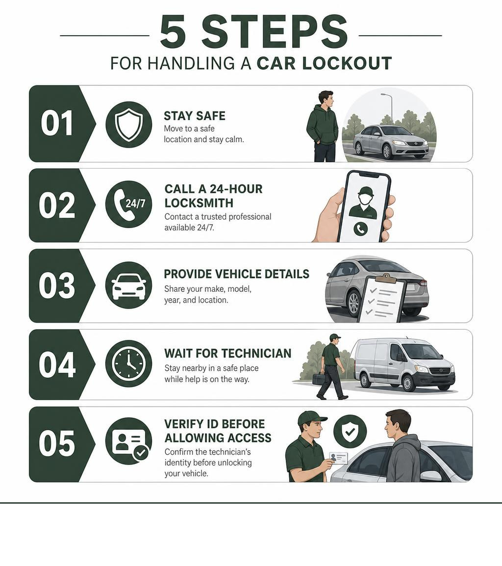 Infographic showing 5 steps for handling a car lockout: stay safe, call a 24-hour locksmith, provide vehicle details, wait