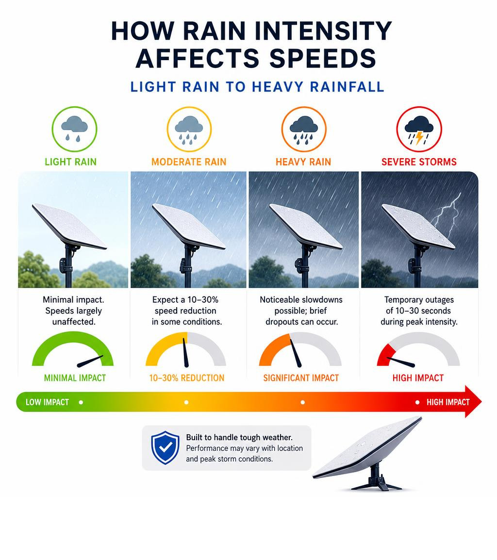 Infographic showing how rain intensity affects Starlink speeds from light to heavy rainfall infographic