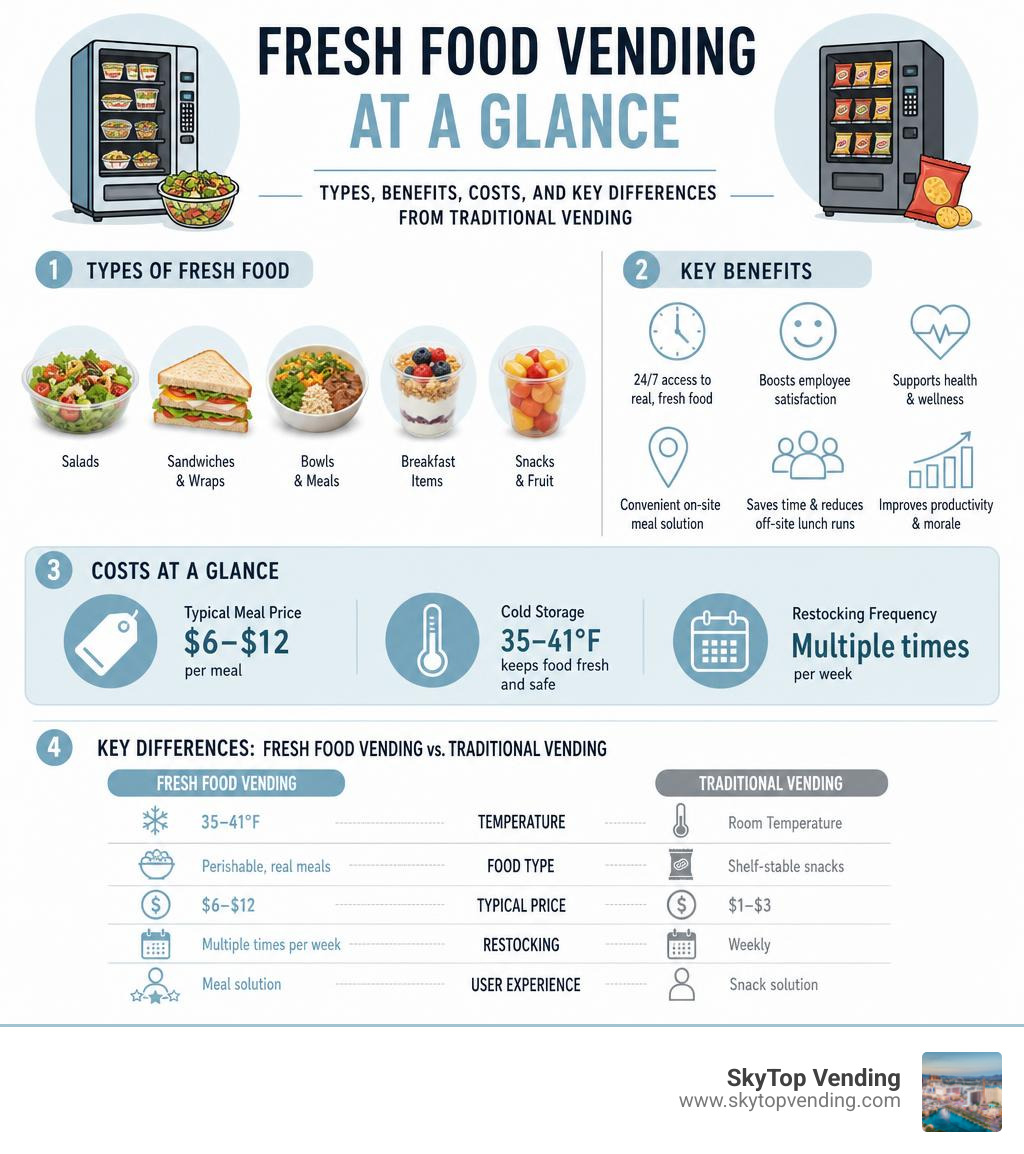 Fresh food vending at a glance: types, benefits, costs, and key differences from traditional vending infographic