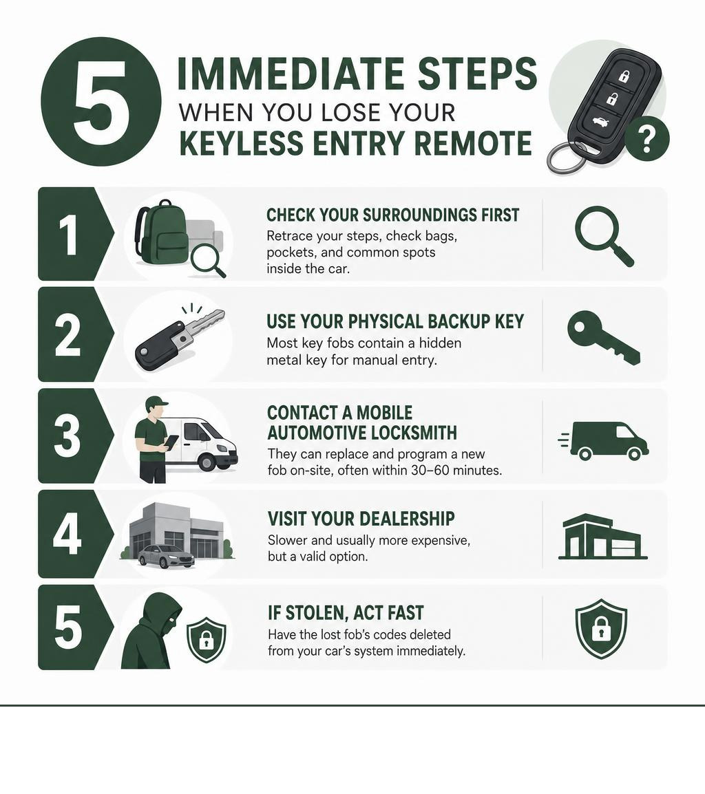 Infographic showing 5 immediate steps when you lose your keyless entry remote infographic
