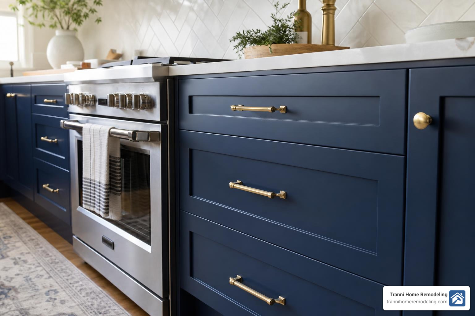 Warm metallic hardware pairing with dark blue kitchen cabinets Warm metallic hardware pairing with dark blue kitchen cabinets