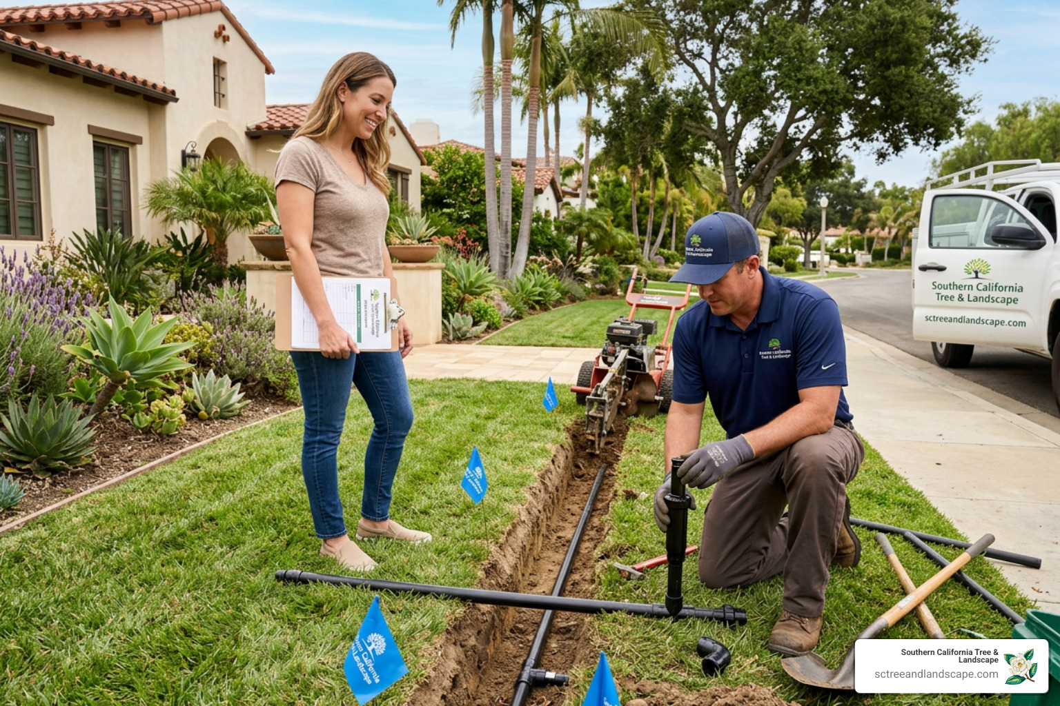 irrigation trenching through a landscaped yard
