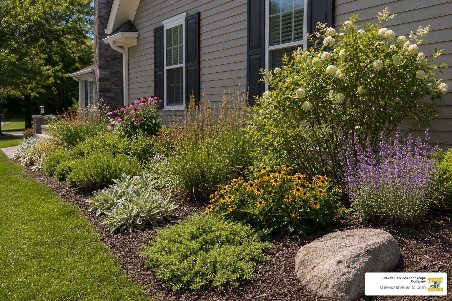Drought tolerant New England planting bed with native shrubs and perennials Drought tolerant New England planting bed with native shrubs and perennials