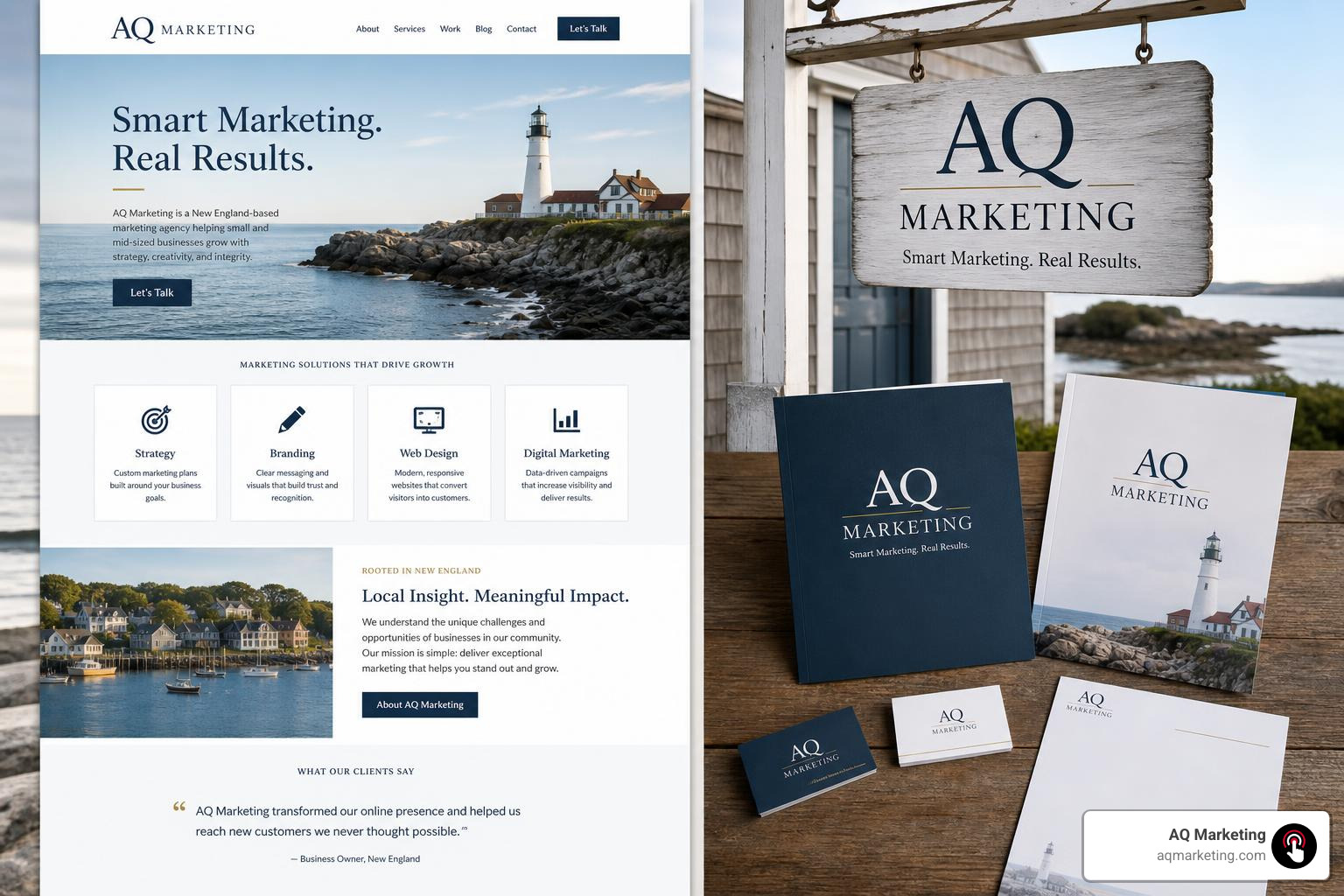 side by side website and brand identity comparison with New England small business style side by side website and brand identity comparison with New England small business style