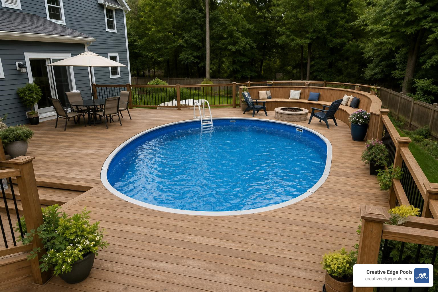 full-surround oval pool deck with curved lounge zone