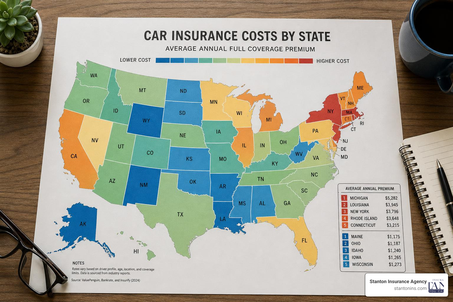 U.S. map showing high-cost and low-cost car insurance states U.S. map showing high-cost and low-cost car insurance states