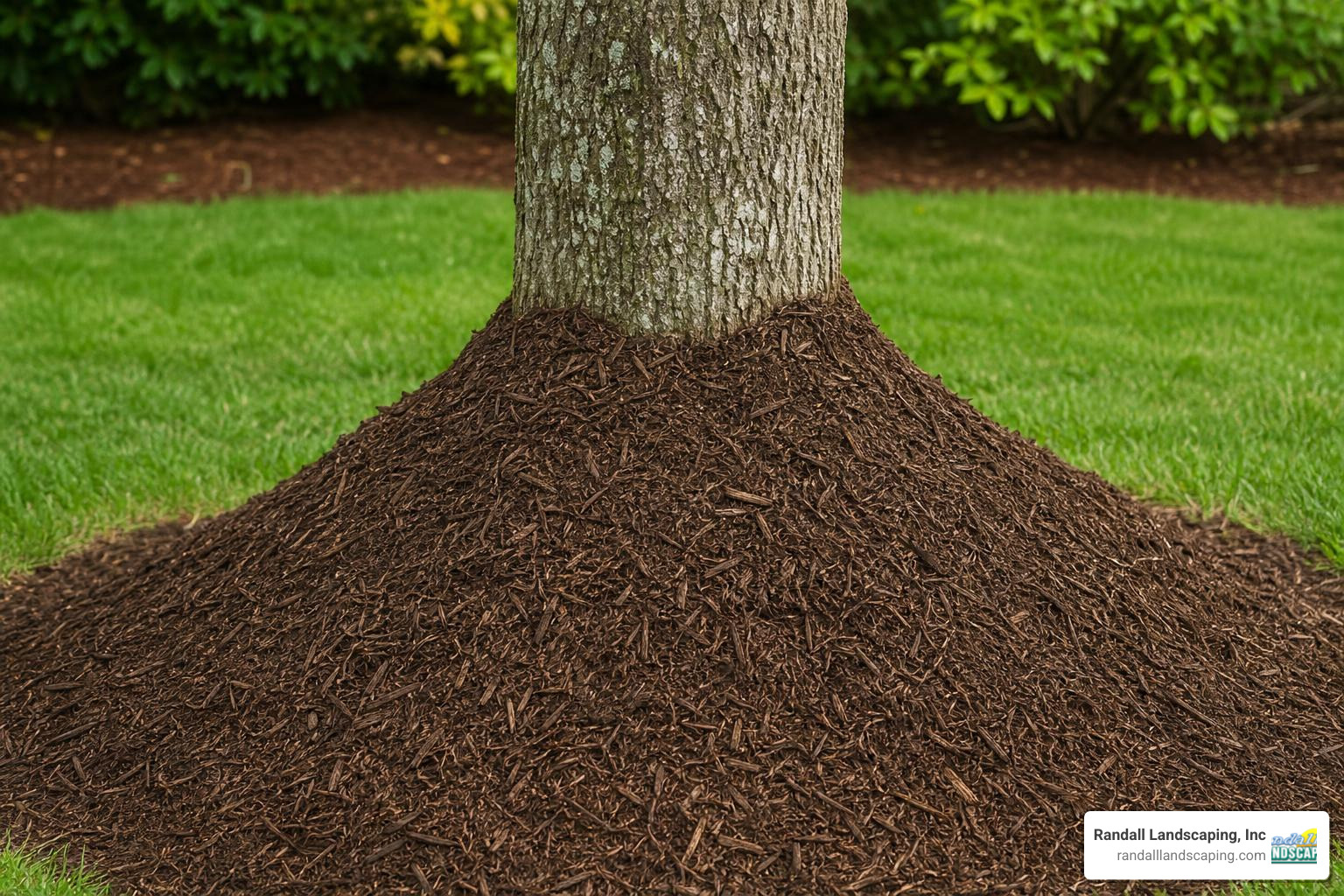 incorrect mulch volcano piled against tree trunk