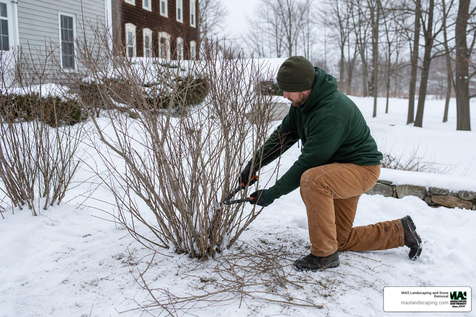 dormant winter pruning on leafless shrubs in Massachusetts