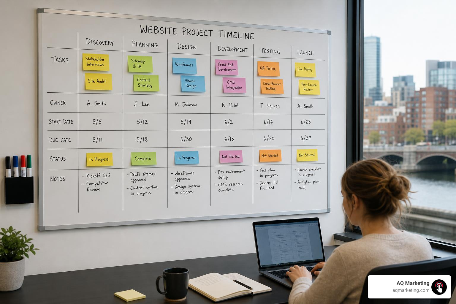 website project timeline board in a Boston area office with sticky notes and laptop website project timeline board in a Boston area office with sticky notes and laptop