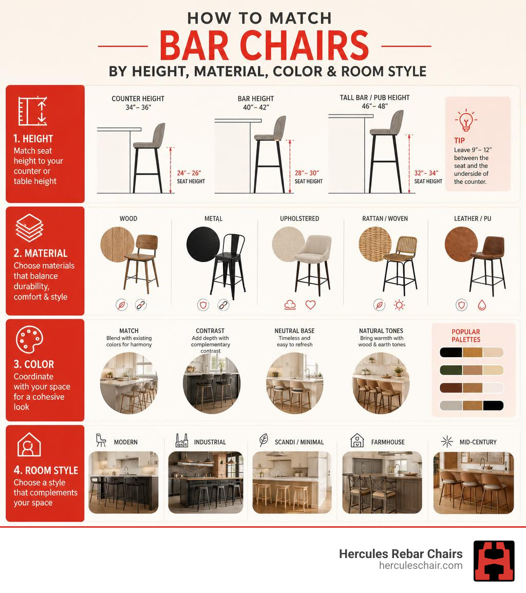 How to match bar chairs by height, material, color, and room style infographic