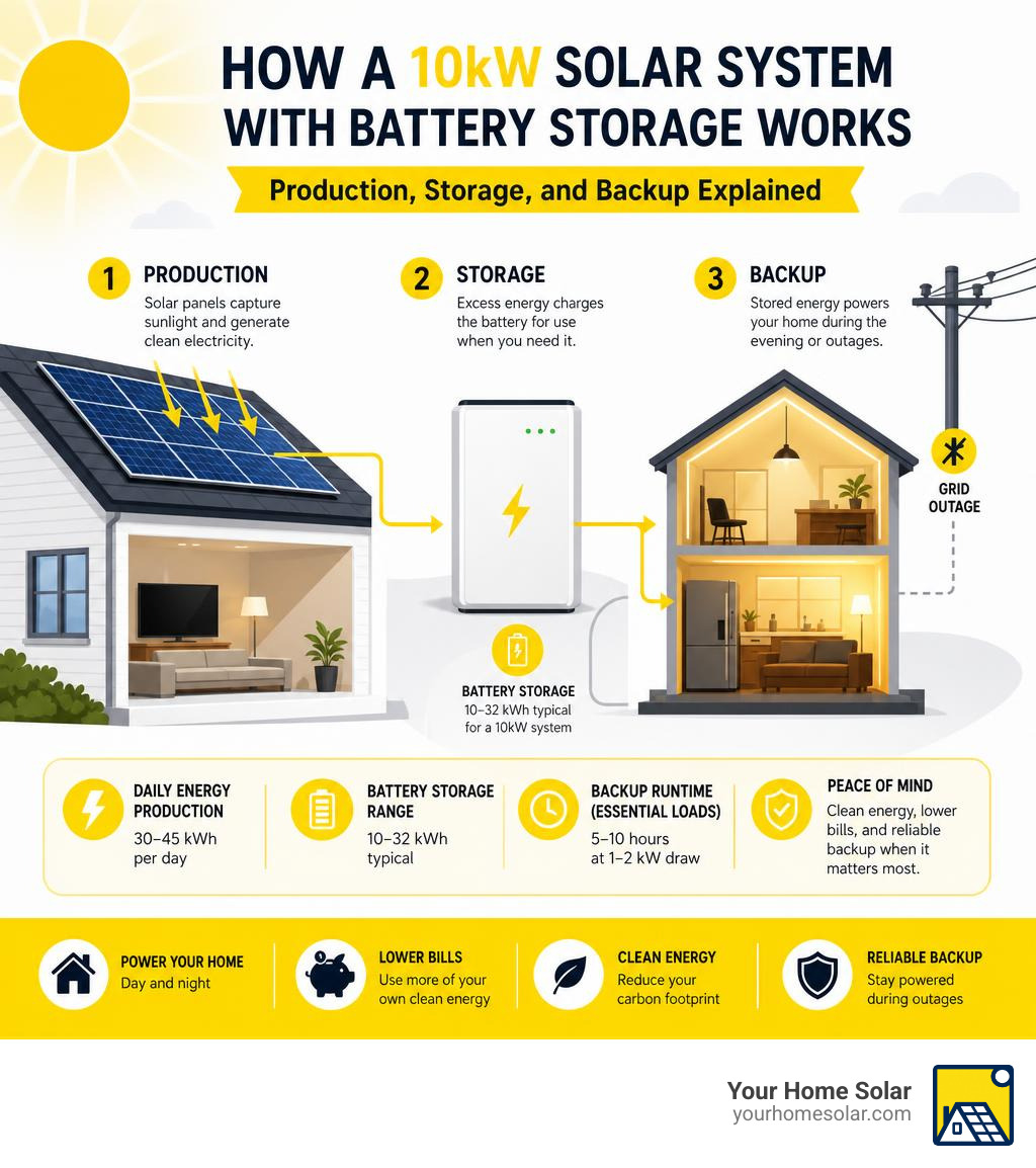 How a 10kW solar system with battery storage works — production, storage, and backup explained infographic How a 10kW solar system with battery storage works — production, storage, and backup explained infographic