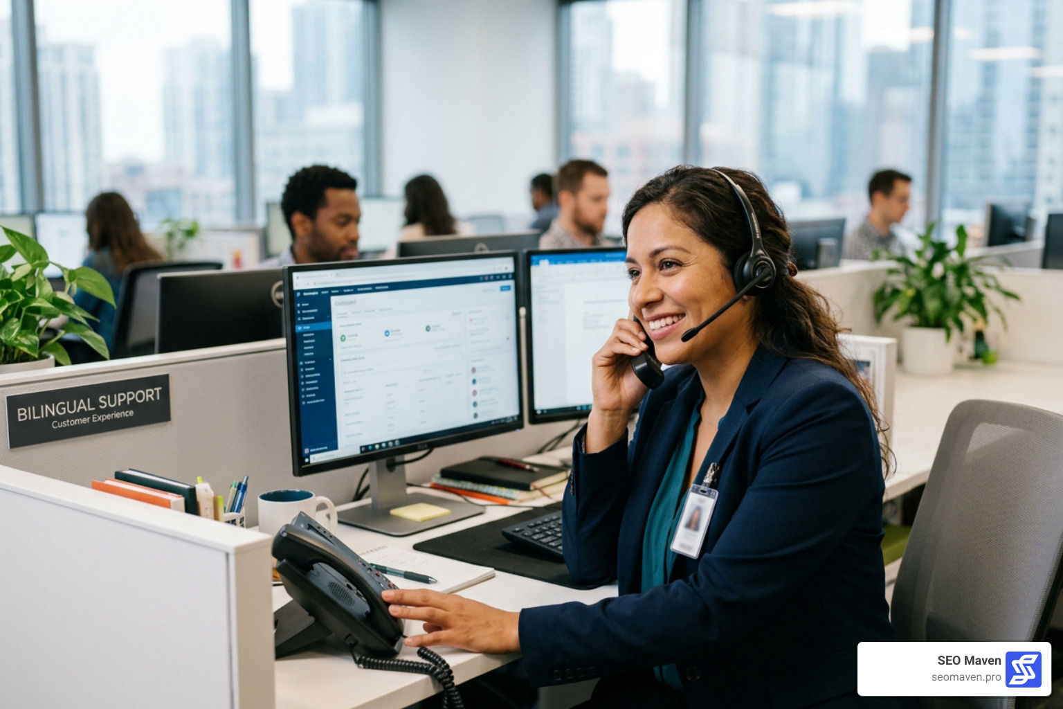 Bilingual customer service representative speaking on a headset with a warm smile Bilingual customer service representative speaking on a headset with a warm smile