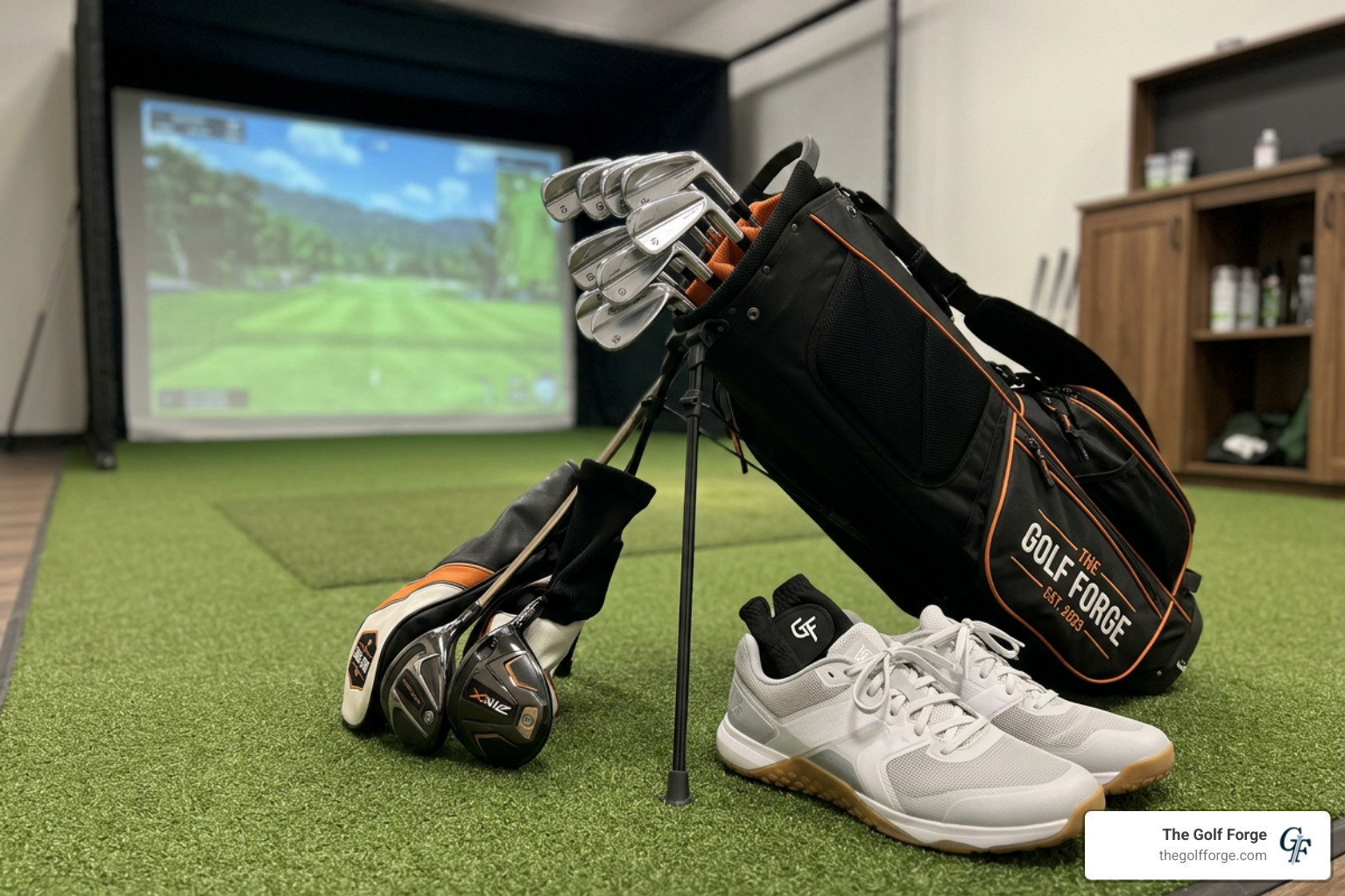 Clean golf clubs and indoor athletic shoes ready for an indoor simulator session