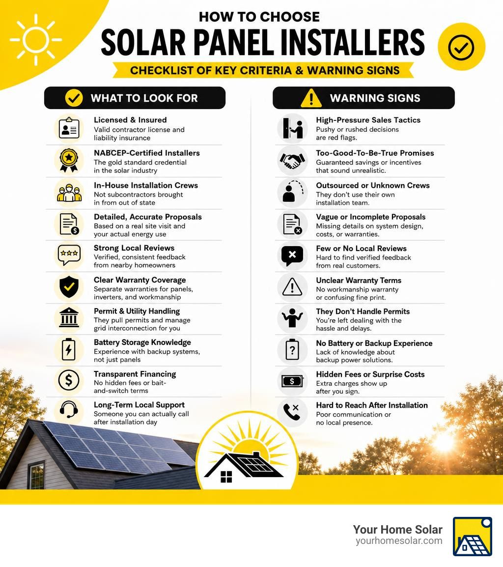 How to choose solar panel installers: checklist of key criteria and warning signs infographic How to choose solar panel installers: checklist of key criteria and warning signs infographic