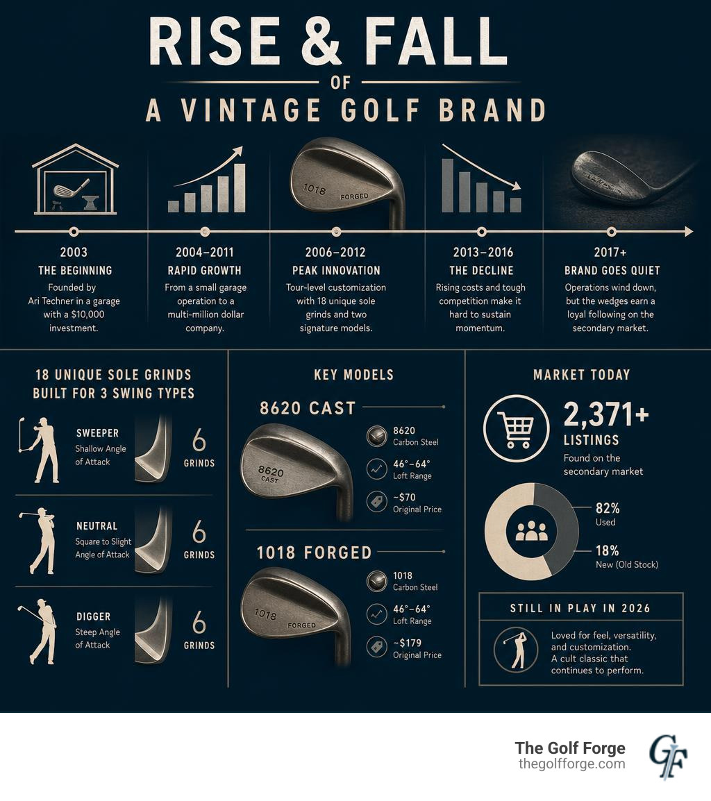 Rise and fall of Scratch Golf brand timeline with key models, grinds, and market data infographic Rise and fall of Scratch Golf brand timeline with key models, grinds, and market data infographic
