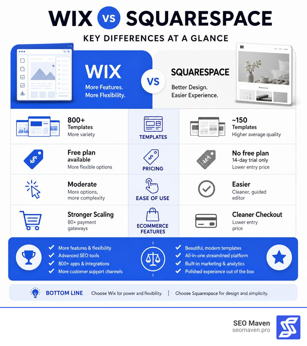 Wix vs Squarespace comparison infographic showing key differences in templates, pricing, ease of use, and ecommerce features