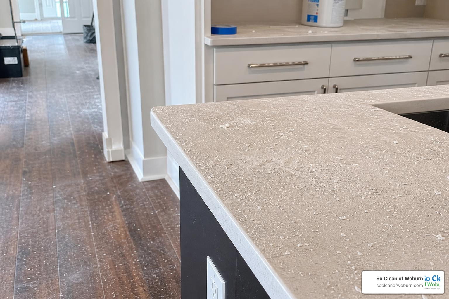 Fine drywall dust settling on newly renovated kitchen counters and hardwood floors