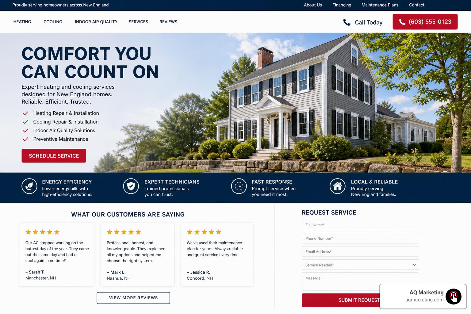 HVAC landing page wireframe with call button, reviews, form, New England style design HVAC landing page wireframe with call button, reviews, form, New England style design