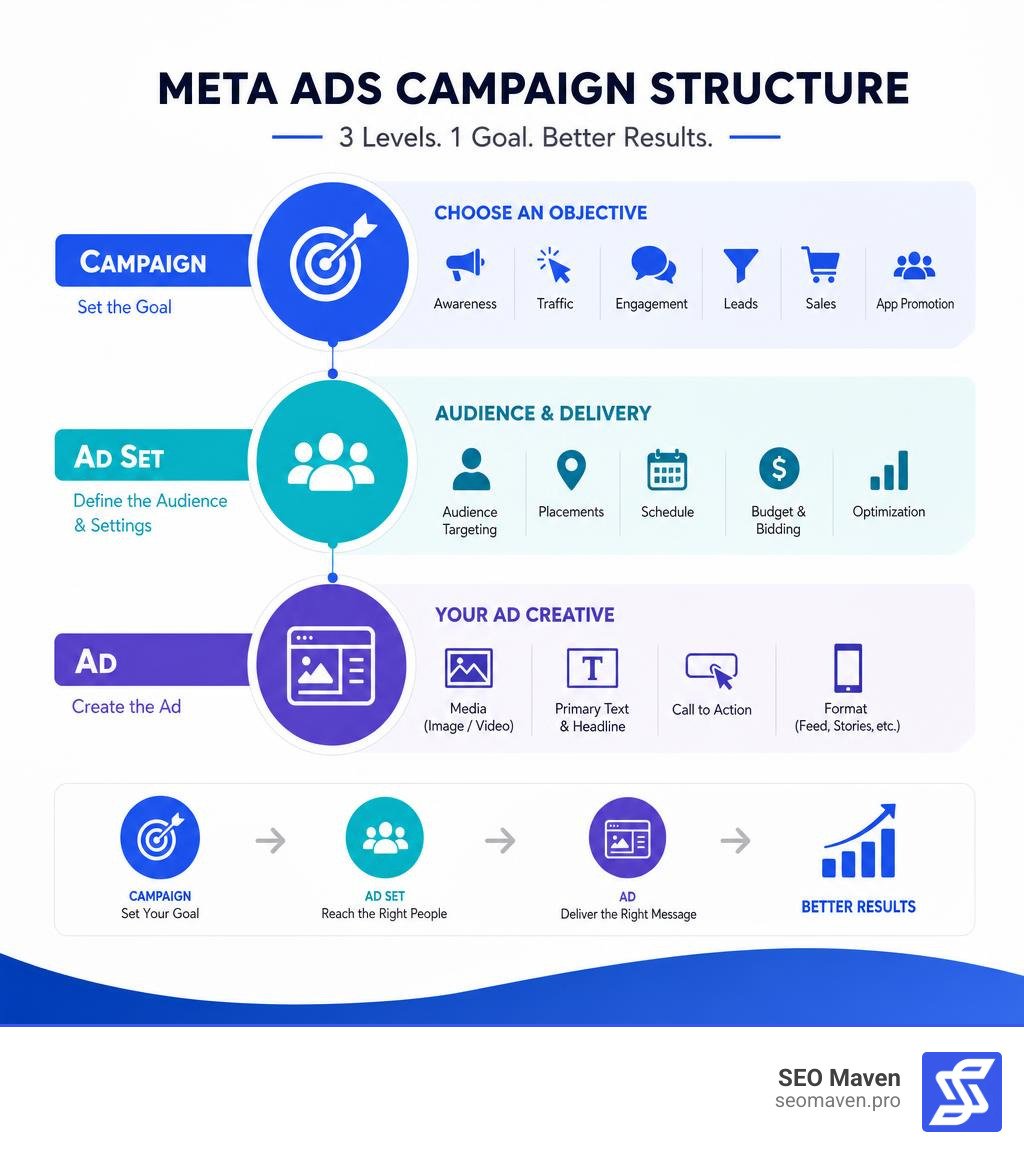 Meta Ads campaign structure infographic showing campaign, ad set, and ad levels with objectives and targeting infographic