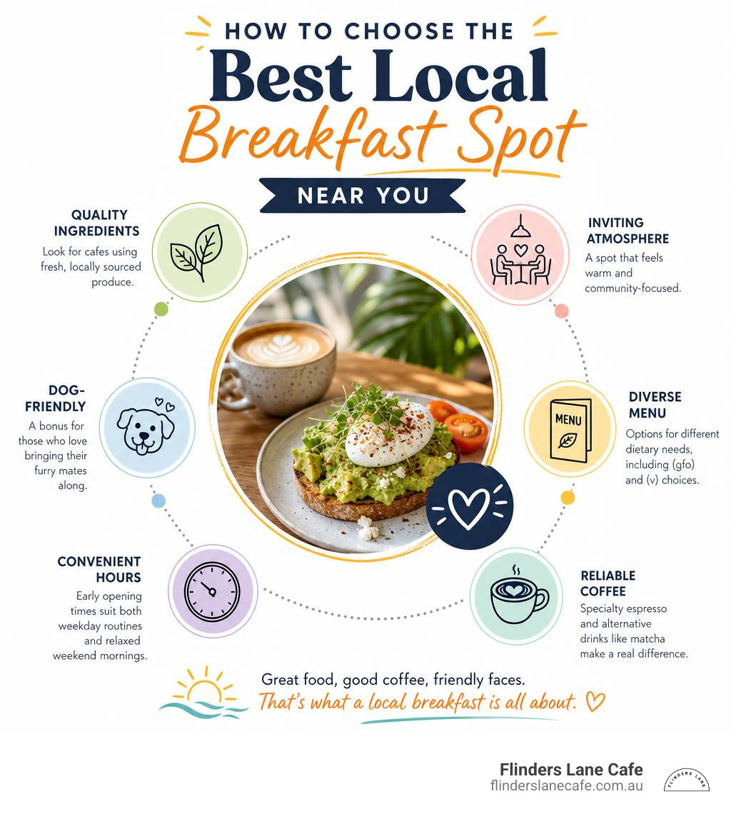 An informational graphic surrounding a central image of avocado toast and a latte, detailing the key elements to look for when searching for top-tier breakfast places around my location.