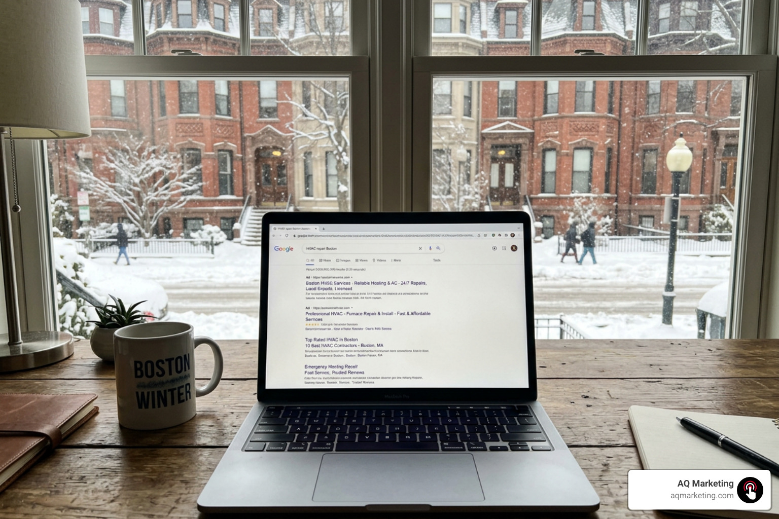Neutral HVAC search results page on laptop with paid ad placements, Boston winter street outside Neutral HVAC search results page on laptop with paid ad placements, Boston winter street outside