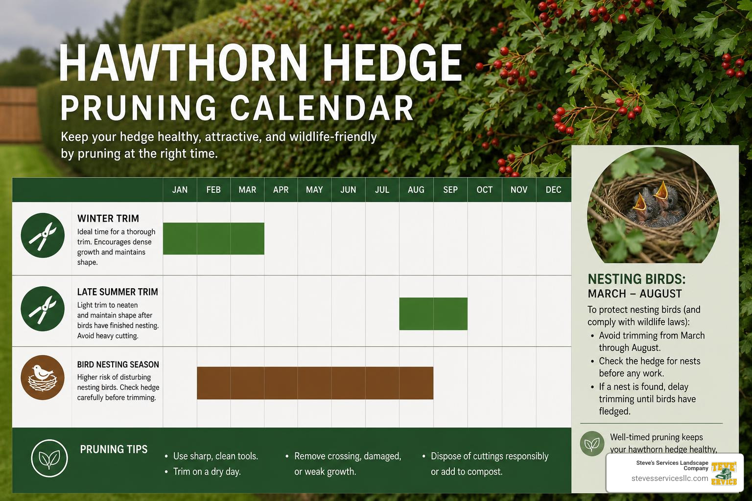 Seasonal pruning calendar for hawthorn showing nesting restrictions and optimal trim windows