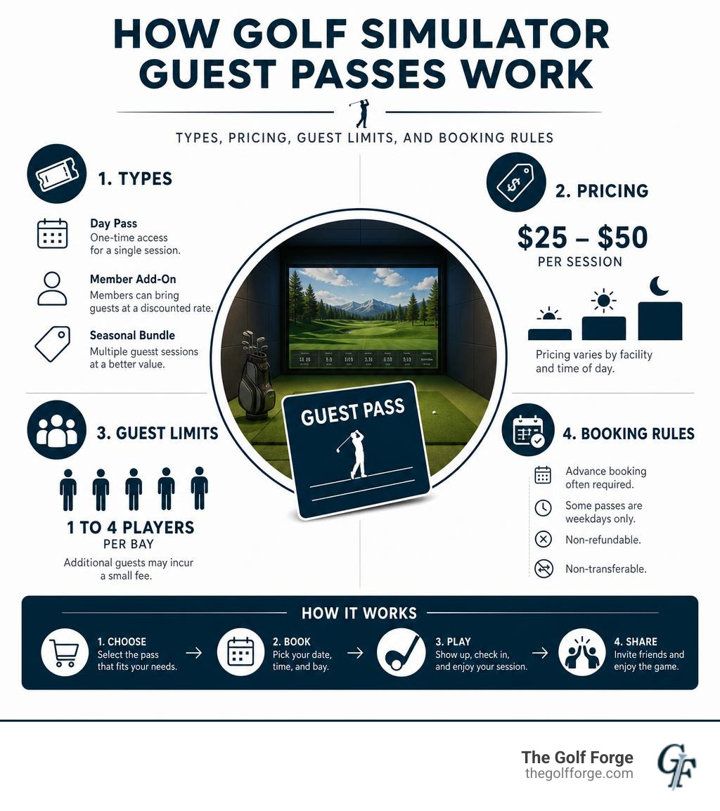 How golf simulator guest passes work: types, pricing, guest limits, and booking rules infographic